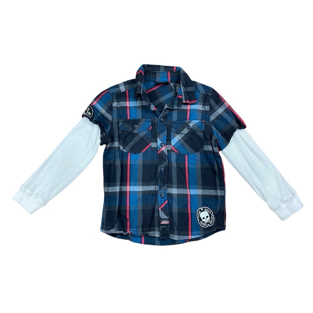 Dickies long sleeve plaid shirt with flannel sleeves with skull patch